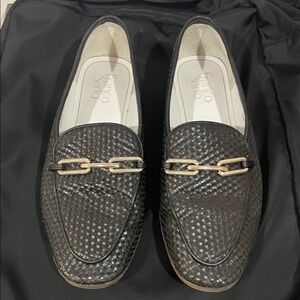 Franco Sarto Black Woven Loafers with Gold Accents